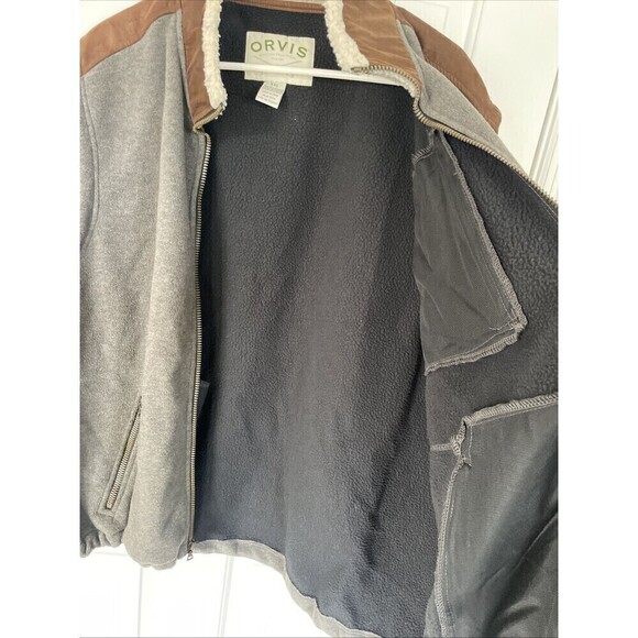 Orvis Fleece Zip Vest Sherpa Collar Faux Leather Shoulder Brown Mens XXL - Picture 11 of 11